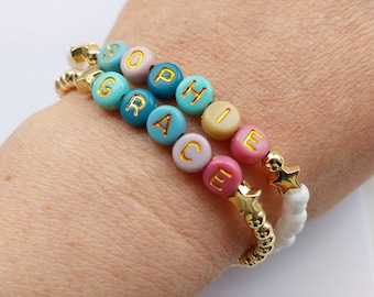 Name Bracelet, Bead Bracelet, Custom Bracelet For Her, Colourful Name Bracelet, White Bead Bracelet, Gold Bracelet Personalised