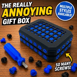 May include: A black rectangular gift box with a blue grid pattern on the lid, surrounded by several small black and blue screws and a blue handled screwdriver. The text reads THE REALLY ANNOYING GIFT BOX, MULTIPLE STYLES AVAILABLE!, and SO MANY SCREWS!.