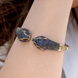 Sapphire Panther Bracelet | Blue Leopard Head 925 Silver Bangle - September Birthstone Animal Jewelry