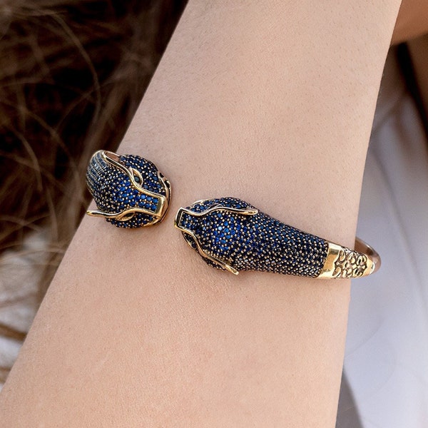 Bracelet Panthère Saphir | Bracelet en argent 925 tête de léopard bleu - Bijoux animaux avec pierre de naissance de septembre