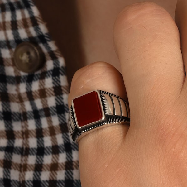 Red Agate Silver Ring for Men | Men's Aqeeq Statement Ring | Father's Signet Ring. Gift for Him