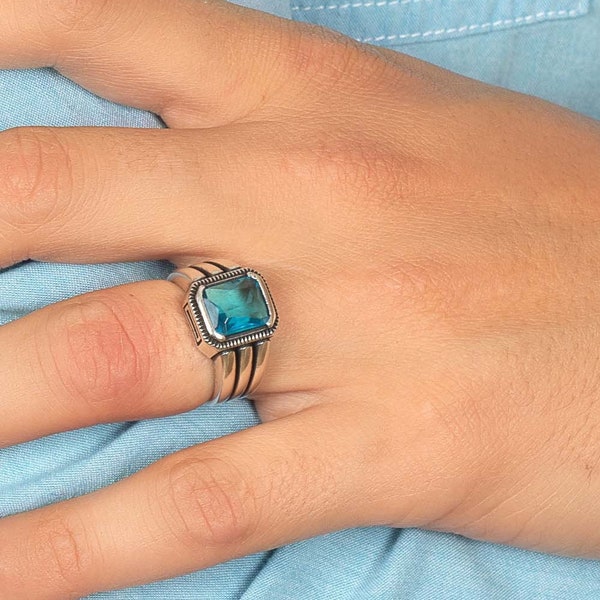 Men's Aquamarine Ring | Blue Topaz Sterling Silver Ring for Men | One Stone Signet Ring | Father's Ring. Gift for Him