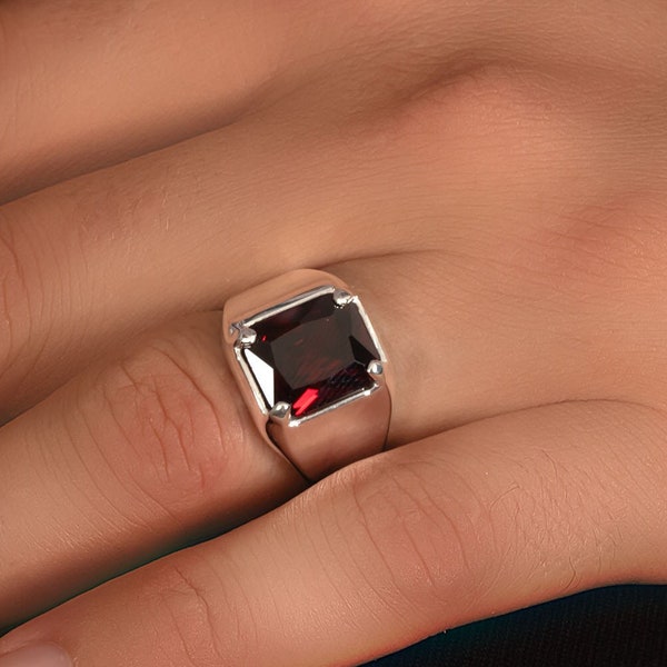 Red Ruby Silver Ring for Men | Men's Ruby Statement Ring | Father's Signet Ring. Gift for Him