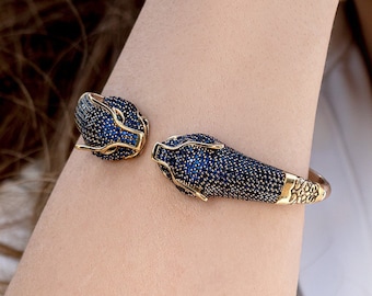 Sapphire Panther Bracelet | Blue Leopard Head 925 Silver Bangle - September Birthstone Animal Jewelry