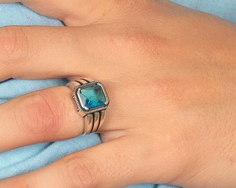 Men's Aquamarine Ring | Blue Topaz Sterling Silver Ring for Men | One Stone Signet Ring | Father's Ring. Gift for Him