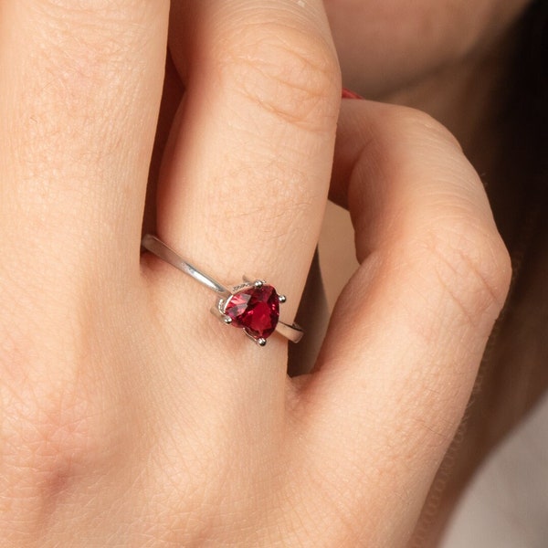 Ruby Silver Ring | Red Heart Stone Sterling Silver Ring | Dainty July Birthstone Jewelry