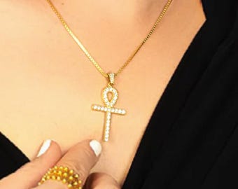 Gold Vermeil Ankh Charm: Cubic Zirconia Egyptian Cross Pendant