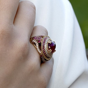 Garnet Cocktail Ring: Red Gemstone, Sterling Silver & Bronze