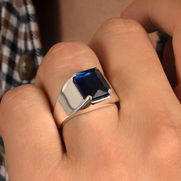 Blauer Saphir Herrenring | Herren Saphir Statement Ring | Vater Siegelring. Geschenk für Ihn