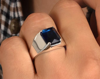 Blue Sapphire Silver Ring for Men | Men's Sapphire Statement Ring | Father's Signet Ring. Gift for Him