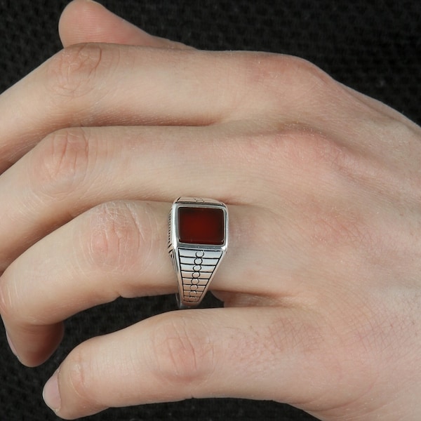 Men's Red Agate Sterling Silver Ring - Bold Aqeeq Stone Band - Artisan Crafted Signet Ring