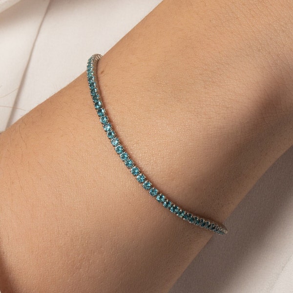 Bracelet tennis aigue-marine | Bracelet en argent sterling 925 bleu aigue-marine pour femme | Bracelet tennis en argent superposé avec pierres de naissance de mars