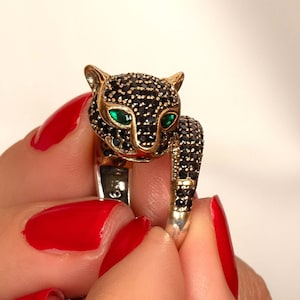 Panther Onyx Ring | Black Leopard Head Silver Ring For Women | Vintage Inspired Statement Ring