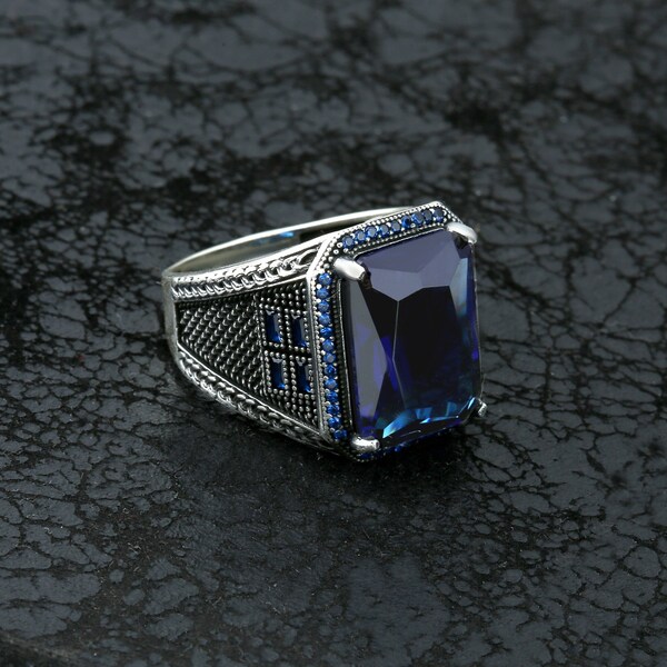 Sapphire Sterling Silver Ring for Men - Sophisticated 925 Silver Band with Deep Blue Sapphire Stone