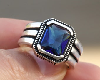 Men's Blue Sapphire Silver Ring for Pinky, Statement, Signet, or Father's Day Gift