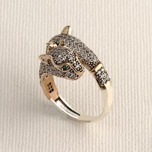 Simulated Diamond Panther Ring | White Tiger Double Head Silver Ring For Women | Animal Inspired Statement Ring