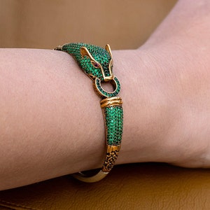 Emerald Panther Bracelet for Women | Green Emerald Gold Bangle | 925 Sterling Silver Handmade Animal Jewelry