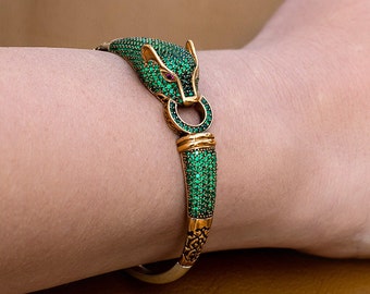 Emerald Panther Bracelet for Women | Green Emerald Gold Bangle | 925 Sterling Silver Handmade Animal Jewelry