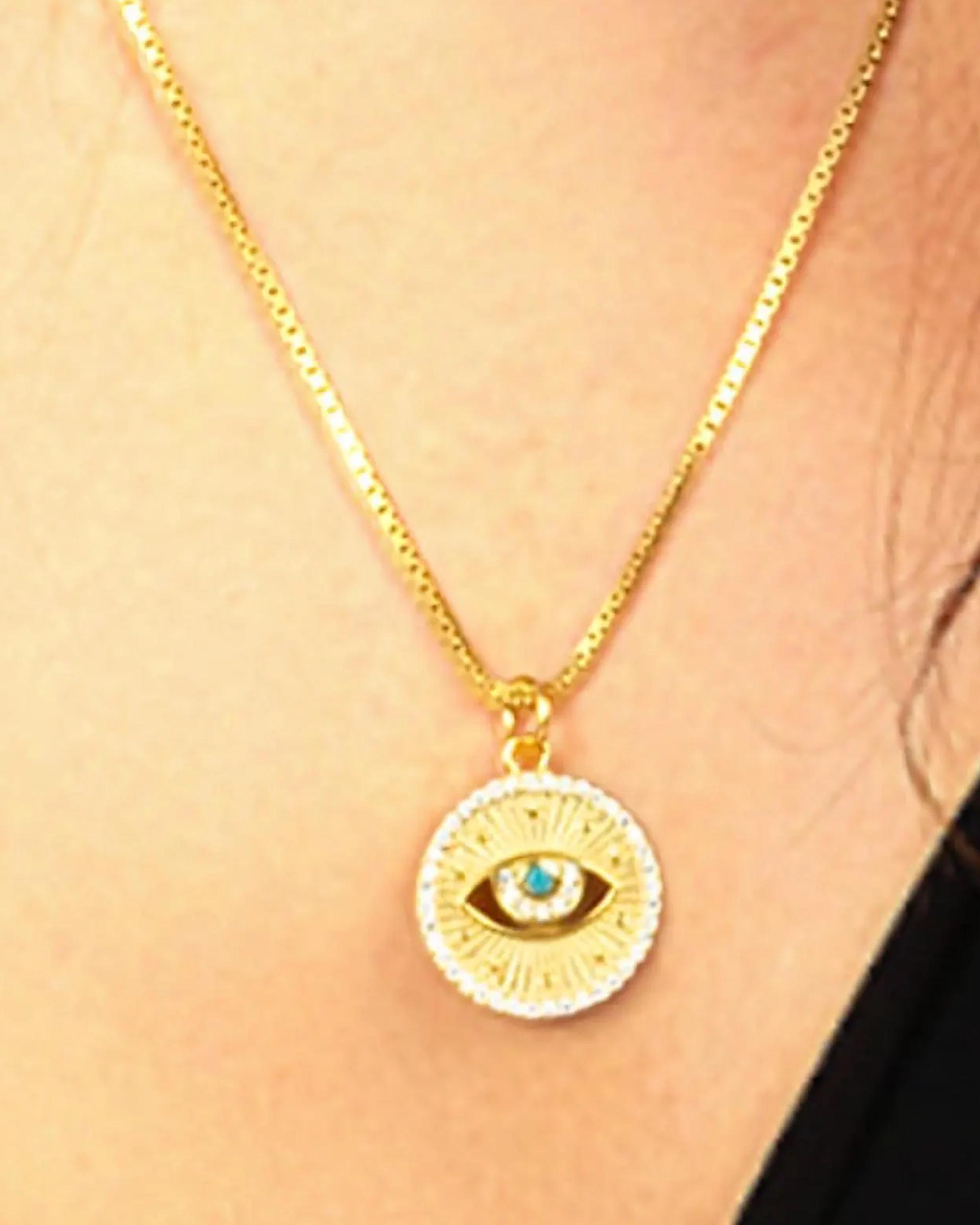 14K Gold Evil Eye Charm Necklace: Turquoise & Crystal, Sterling Silver