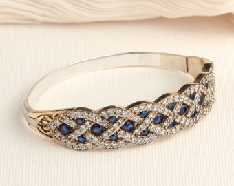 Sapphire Diamond Gold Bangle |  Cubic Zircon and Blue Stone Sterling Silver Bracelet |