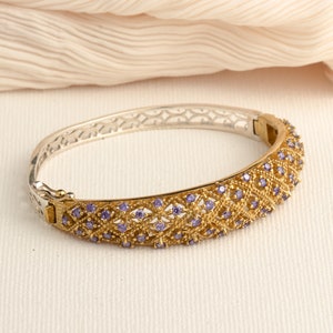 Gold Amethyst Bangle | Elegant Purple Stone Sterling Silver Bracelet |