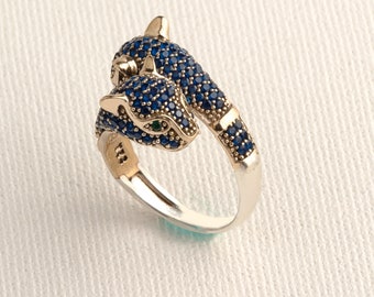 Zierlicher Panther Saphir Ring | Blauer Stein Doppel Tigerkopf Silber Ring Für Frauen | Tier Inspirierter Statement Ring