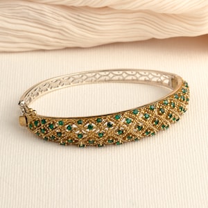 Emerald Gold Bangle | Elegant Green Stone Sterling Silver Bracelet |