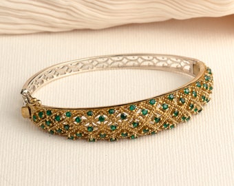 Emerald Gold Bangle | Elegant Green Stone Sterling Silver Bracelet |
