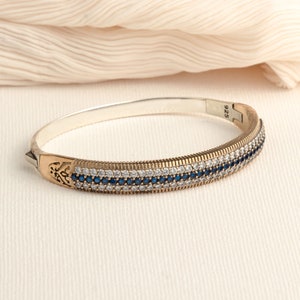 Diamond Sapphire Sterling Silver Bangle Bracelet: Gold Accent