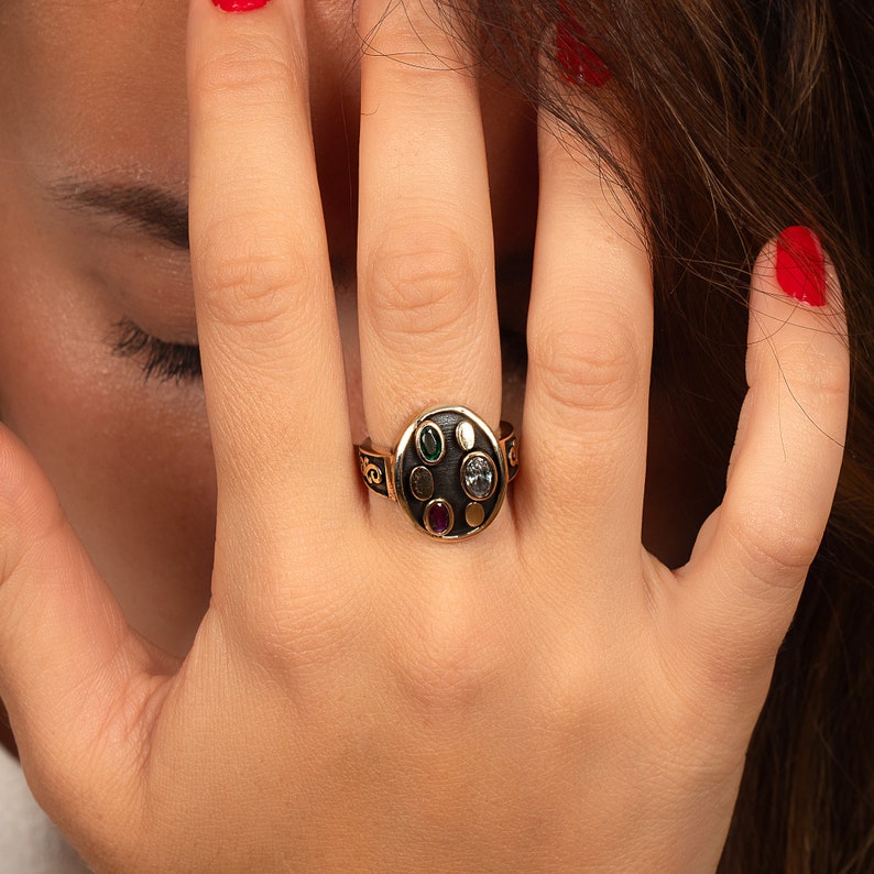 Conjunto de joyería Boho / Anillo, collar, aretes de plata 925 hechos a mano con múltiples piedras / Conjunto a juego auténtico de racimo ovalado imagen 3