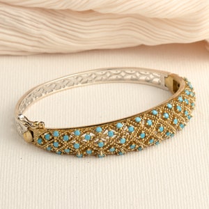 Gold Turquoise Bangle | Blue Stone Sterling Silver Bracelet |
