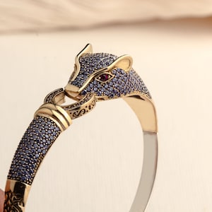 Panther Amethyst Bracelet for Animal Lovers | Purple Stone Bold Sterling Silver Bangle | Unique and Eye-catching Jewelry