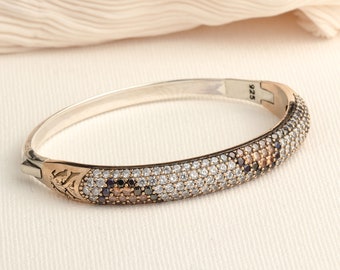 Leopard Pattern Multi-Color Gold Pave Bangle | Mixed Stone Sterling Silver Bracelet |