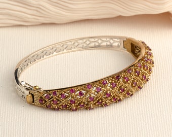 Ruby Gold Bangle | Elegant Red Stone Sterling Silver Bracelet |