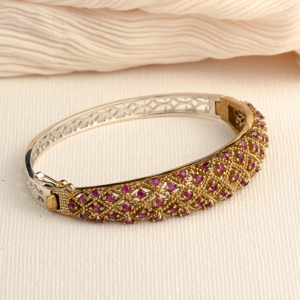 Ruby Gold Bangle | Elegant Red Stone Sterling Silver Bracelet |