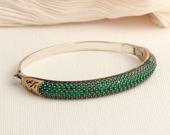 Emerald Gold Pave Bangle for Women | Green Stone Sterling Silver Bracelet |