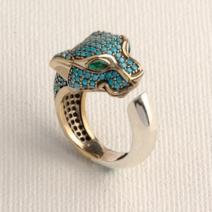 Turquoise Panther Adjustable Ring | Blue Tiger Head Silver Ring For Women | Animal Inspired Statement Ring
