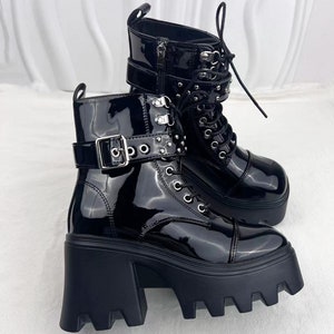 Black Goth Boots Platform Chunky Heel Goth Rock Chain Shoes Punk Ankle ...