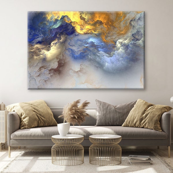 Abstract Canvas Wall Art| Large Canvas | Blue And Yellow Painting | Navy Blue Canvas | Blue And Yellow Canvas | Cloud Abstract Art Canvas