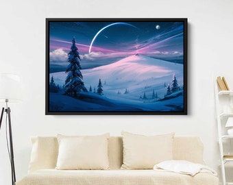 Retro Futurismus Leinwand | Verschneiter Gipfel und Mond| Leinwand Wand Geschenk | Futuristische Mond Leinwand Kunst | Geschenk für Weihnachten | Retro Leinwand Wand Dekor