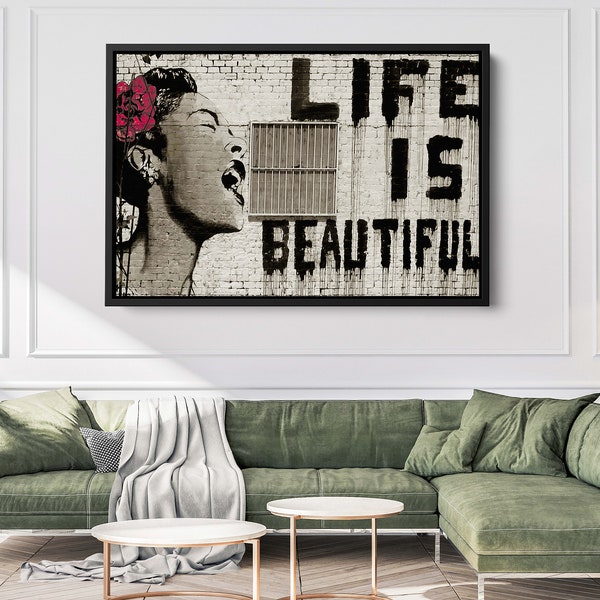 Banksy Life is Beautiful Print Wand Kunst Leinwand, Das Leben ist schön, Banksy Graffiti Gedruckt, CANVAS BEREIT zum Aufhängen auf Leinwand, Valentinstag Geschenk