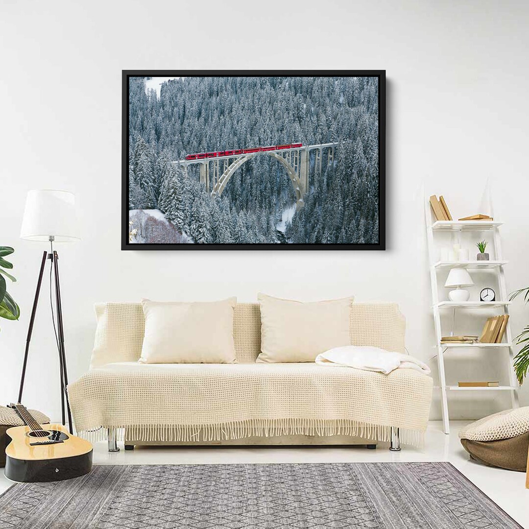 Train on Viaduct in Snowy Forest Canvas Nature Canvas Wall Art Snowy