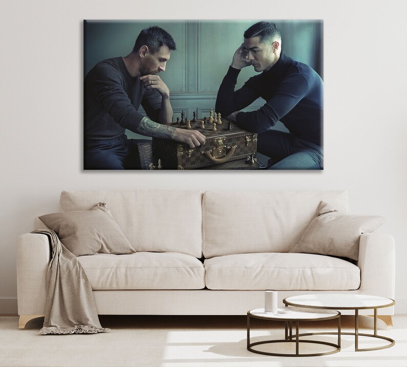 Lionel Messi Cristiano Ronaldo Chess Canvas Wall Art Das Schachspiel von messi und ronaldo Vatertagsgeschenk für ihn Geschenk für Fan Bild 4