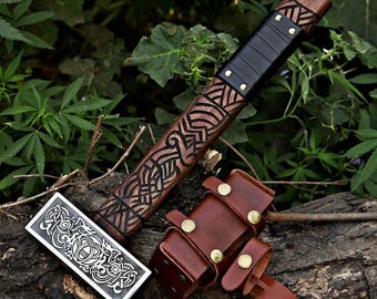 Handmade Viking Style Decorative Hammer | Norse Knotwork Engraved Metal Head | Leather Wrapped Wooden Handle | Collector Display Prop