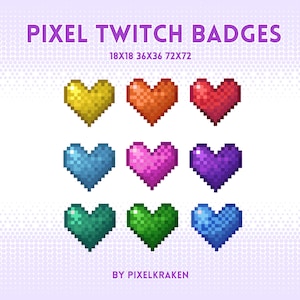 Op de afbeelding: Negen pixel art harten in verschillende kleuren: geel, oranje, rood, lichtblauw, roze, paars, teal, groen en blauw. De harten zijn gerangschikt in drie rijen van drie. De tekst "PIXEL TWITCH BADGES 18X18 36X36 72X72 BY PIXELKRAKEN" staat onder de harten.