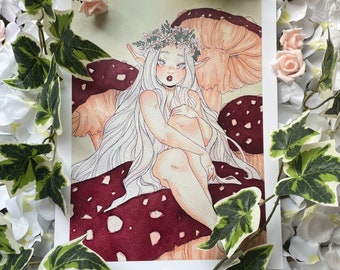 Cute Elf Girl and Mushrooms Art Print | A4 Watercolour & Ink Faerie Illustration | Soft Fantasy Fairycore Watercolour and Ink Painting