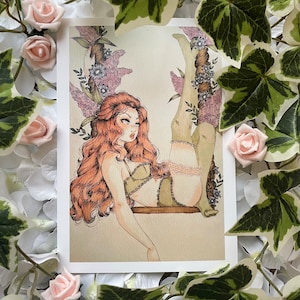 Vintage-Inspired Pinup Watercolour & Ink Art Print | Classic Pinup Cottagecore Girl Wall Art Decor | Soft Fairycore Illustration Painting