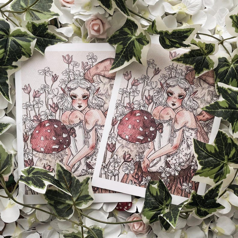 Mushroom Fairy A5 Art Print: Vintage-Inspired Watercolor Illustration