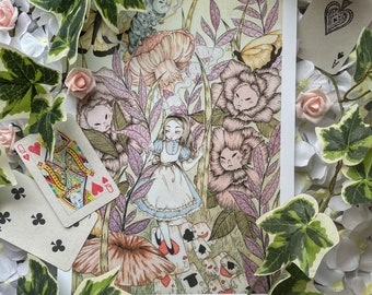 Alice in Wonderland Watercolour and Ink A4 Art Print | Vintage Inspired Painting | Alice’s Adventures in Wonderland | Garden of Live Flowers