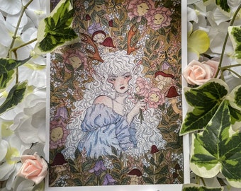 森の妖精の水彩画アートプリント | ヴィンテージ風コテージコアの森のエルフの絵画 | 伝統的なファンタジーコテージコアの妖精のイラスト